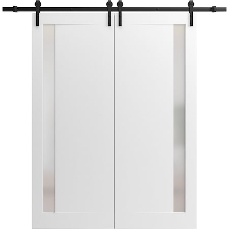 Sartodoors Sturdy Barn Door 42 x 96in, Sete 6933 Matte Black W/ Frosted Glass, SS 8FT Rail Hangers Heavy Set SETE6933BD-S-BLK-4296